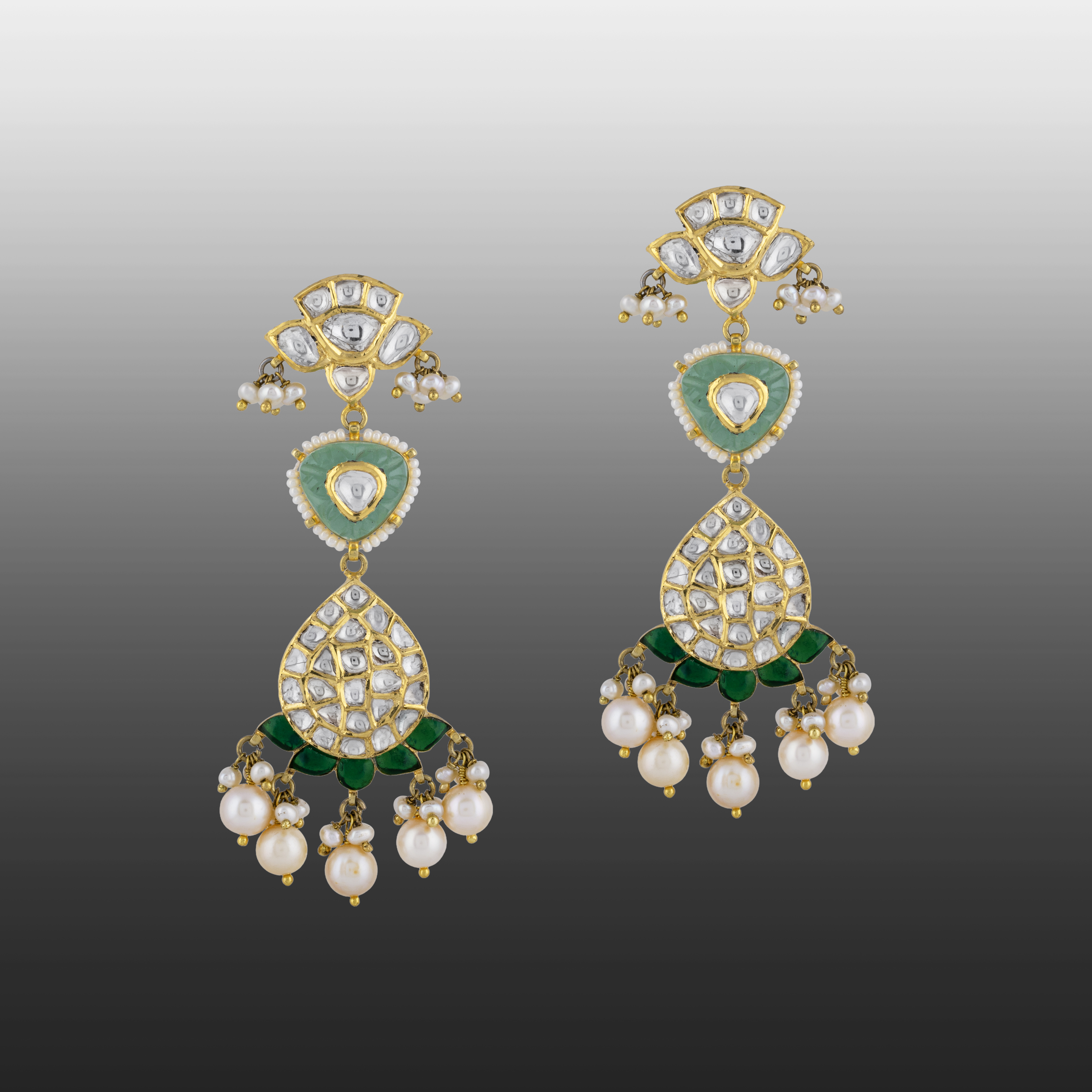 Uncut Diamond Polki Earrings with Carved Emerald & Pearls